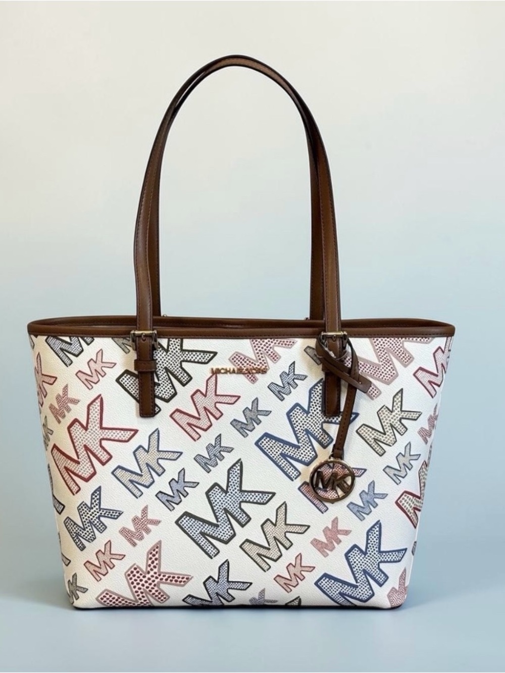 Michael Kors White Multicolor MK Logo Tote with Brown Trim